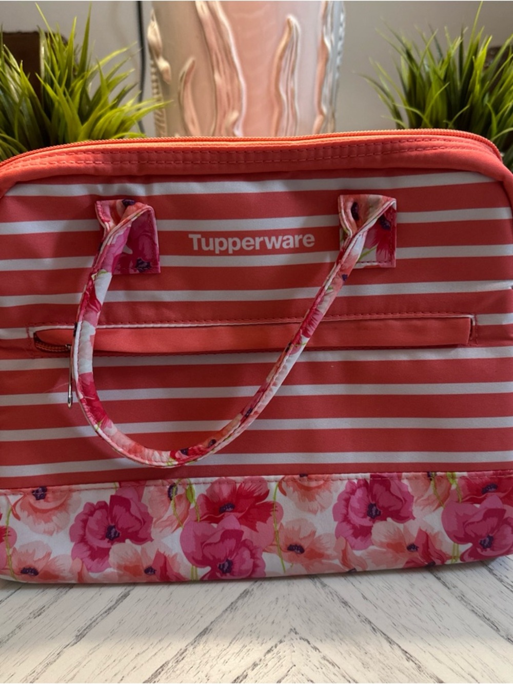 Tupperware Coral and Pink Floral Stripe Lunch Bag